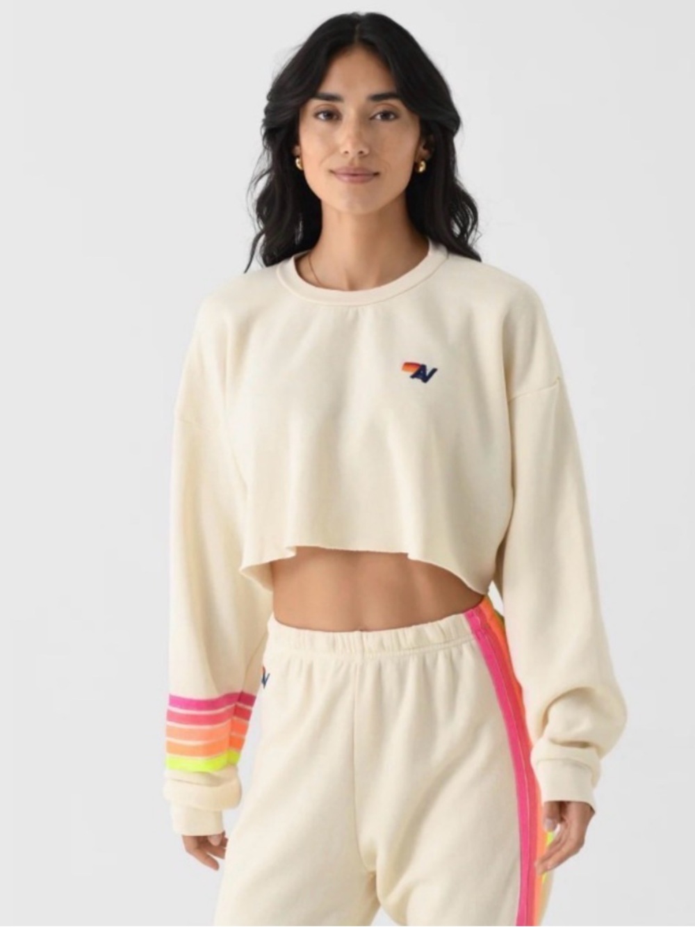 Aviator Nation rugby stitch cropped crew sweatshirt in vintage white